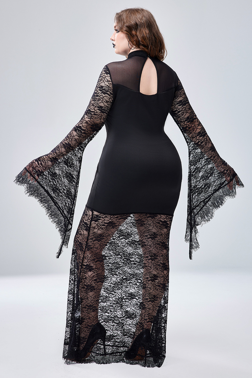 Xpluswear Design Plus Size Halloween Costume Black Trumpet Sleeve Lace Maxi Dress