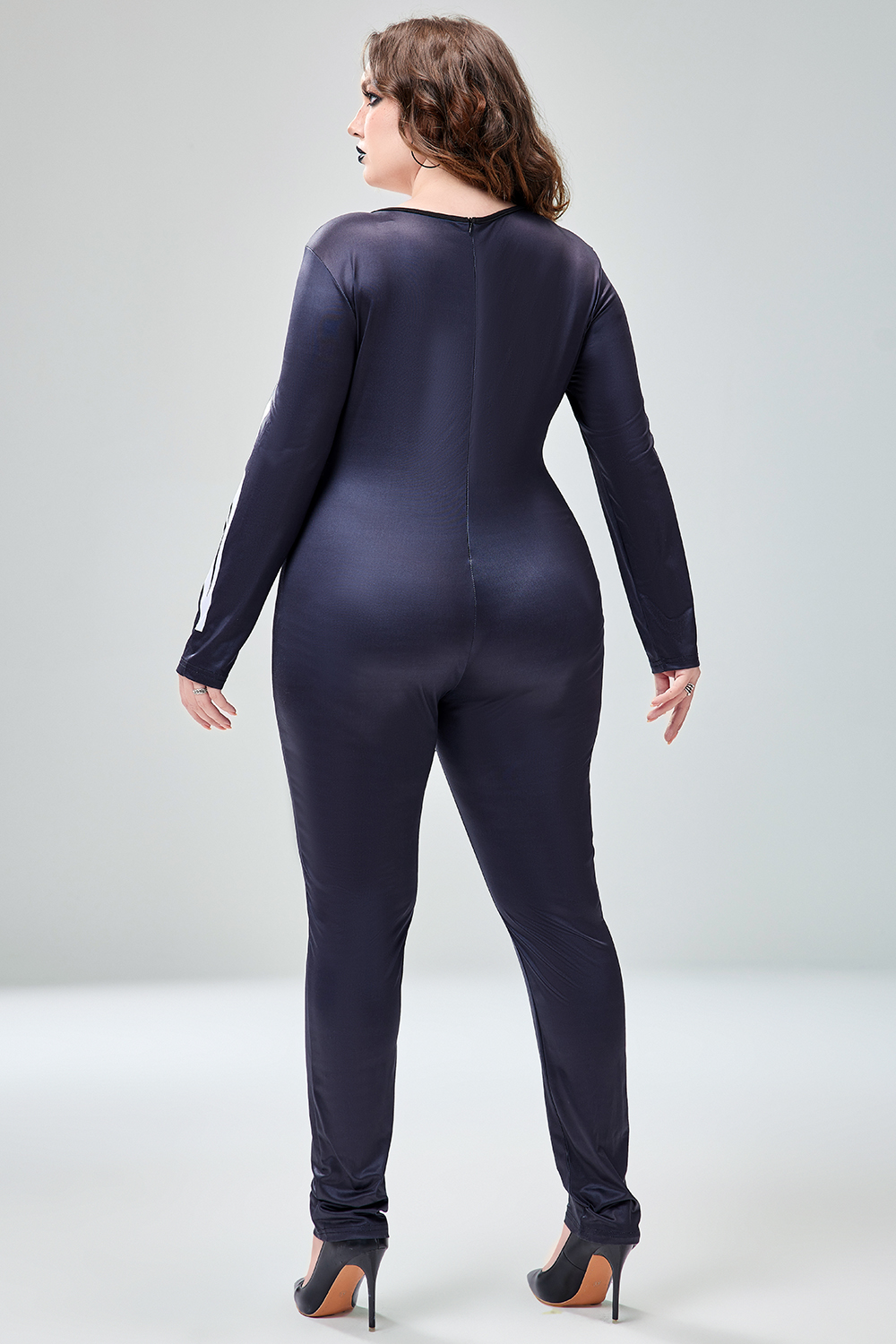 Xpluswear Design Plus Size Halloween Costume Gothic Skeleton Print Long Sleeve Knitted Jumpsuit [Pre-Order]