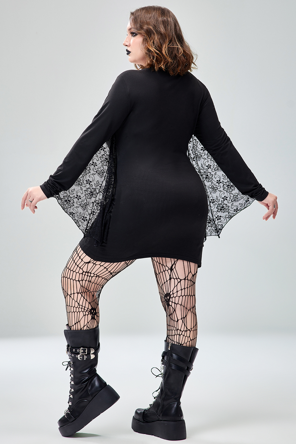 Xpluswear Design Plus Size Casual Halloween Costume Gothic Black Bat V-Neck Long Sleeve Knitted Mini Dress [Pre-Order]