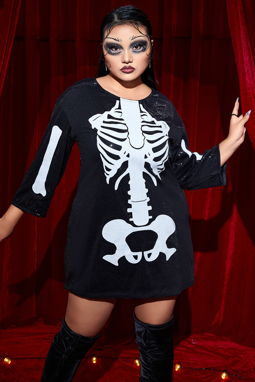 Xpluswear Design Plus Size Halloween Costume Black Sequin Skeleton Mini Dress With Pocket [Pre-Order]