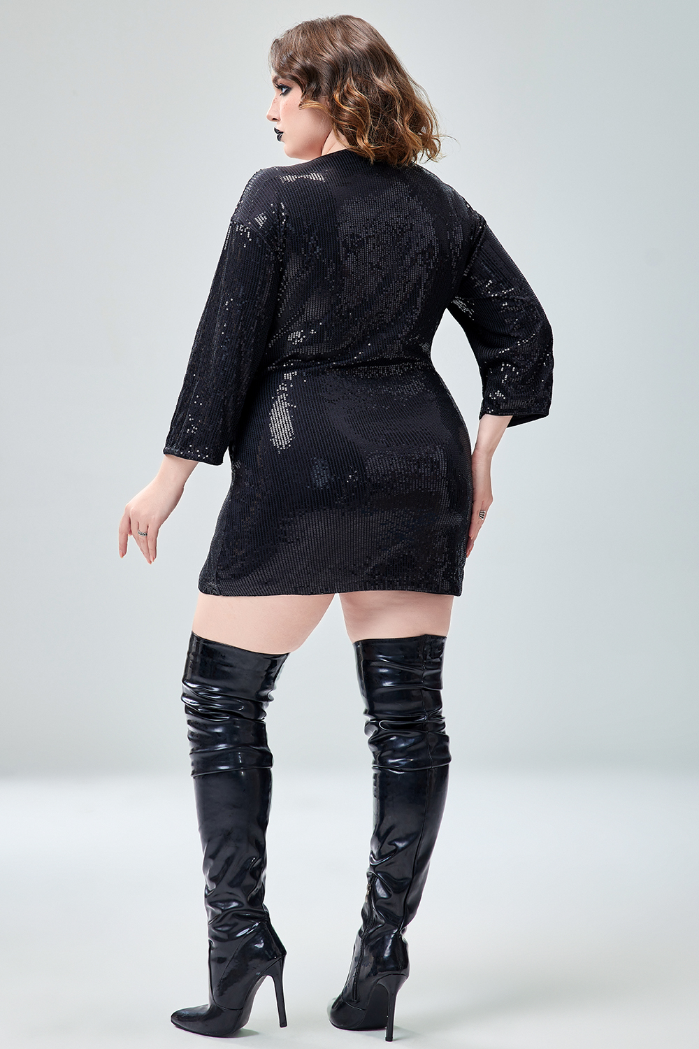 Xpluswear Design Plus Size Halloween Costume Gothic Black Sequin Skeleton Mini Dress With Pocket [Pre-Order]