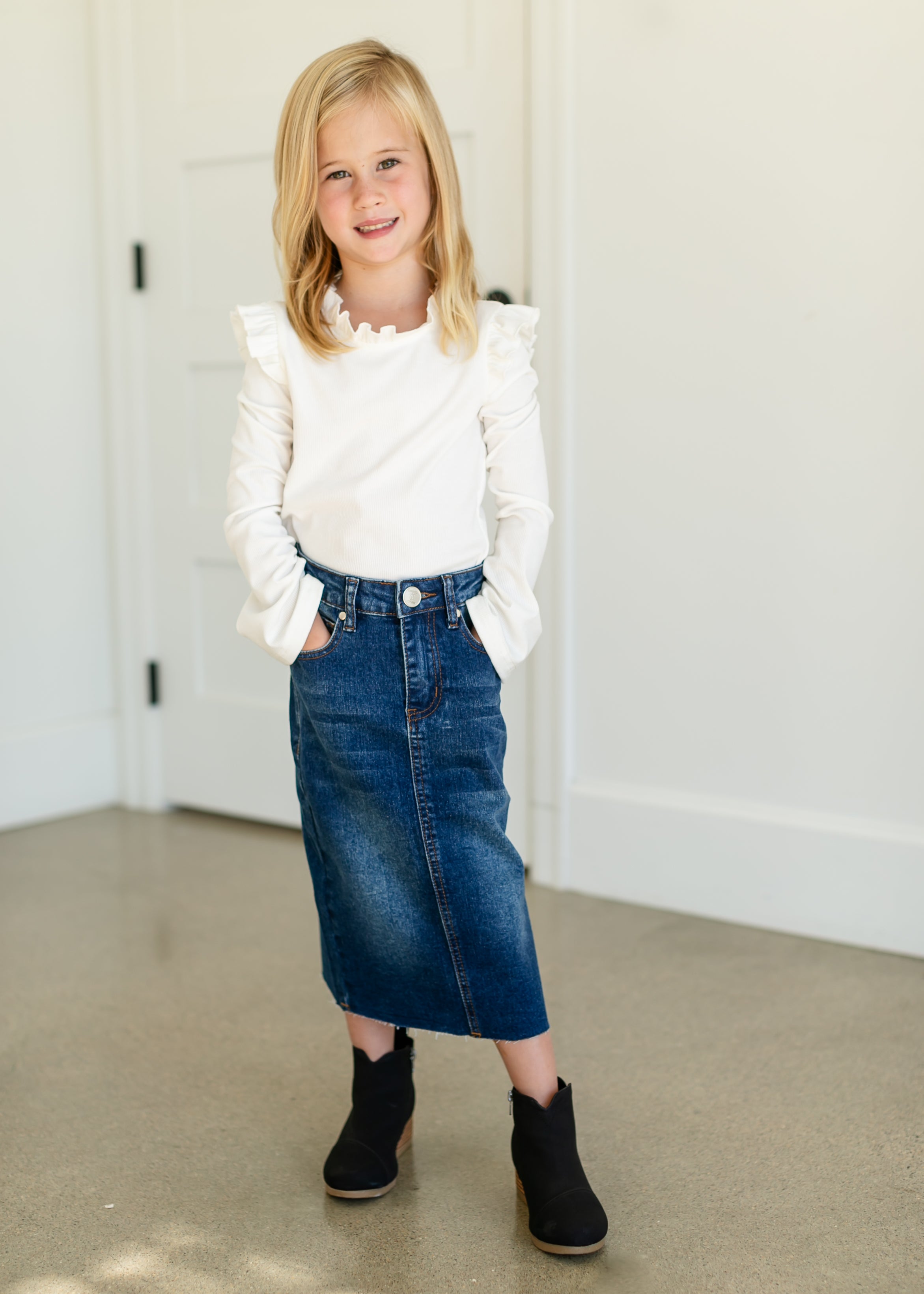 Girls Remi Raw Hem Denim Midi Skirt