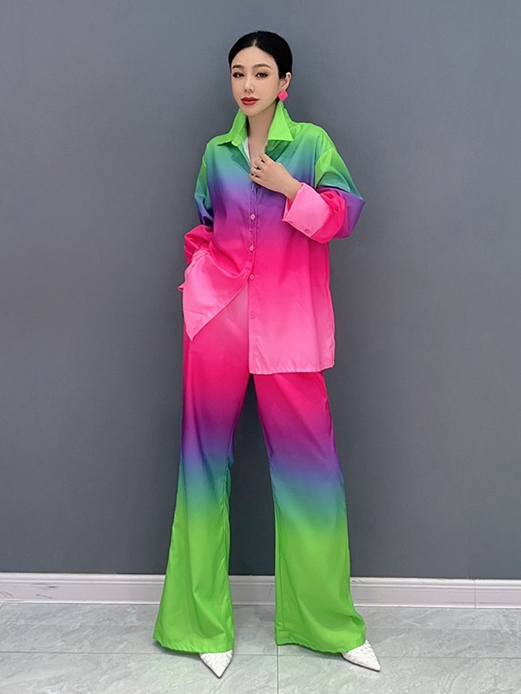 Casual Chic Gradient Long Sleeve Blouse & Loose Pants 2-Piece Set
