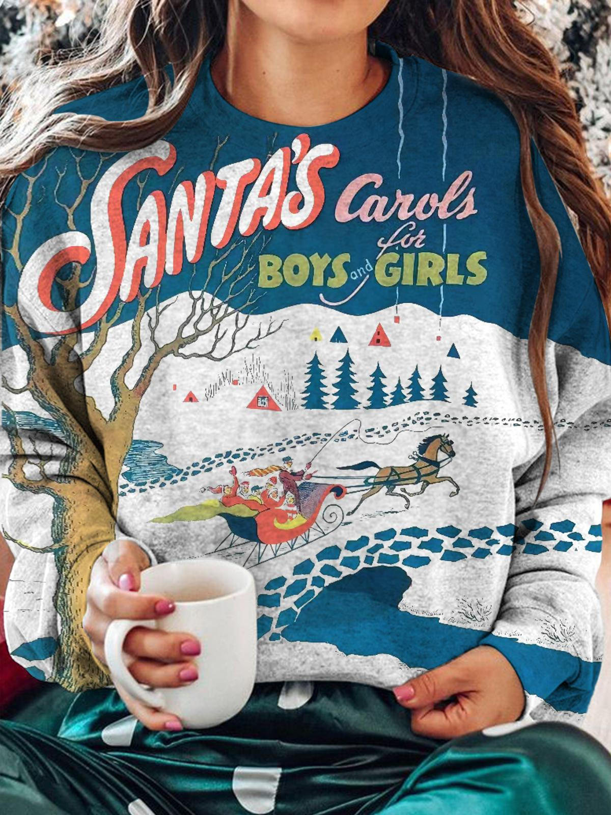 Snow Santa Claus print Round Neck Long Sleeve Top