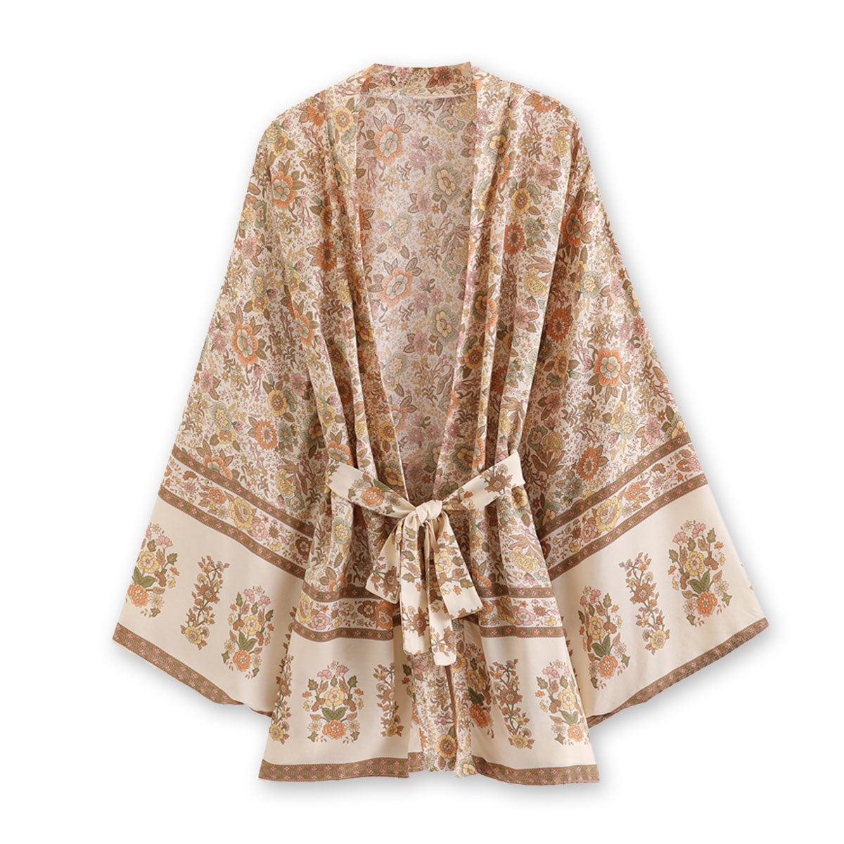 Sandstone Beige Floral Print Short Boho Robe