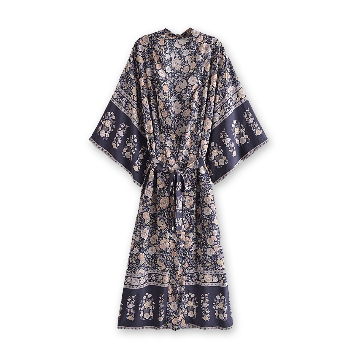 Nightfall Blue Boho Floral Print Maxi Robe