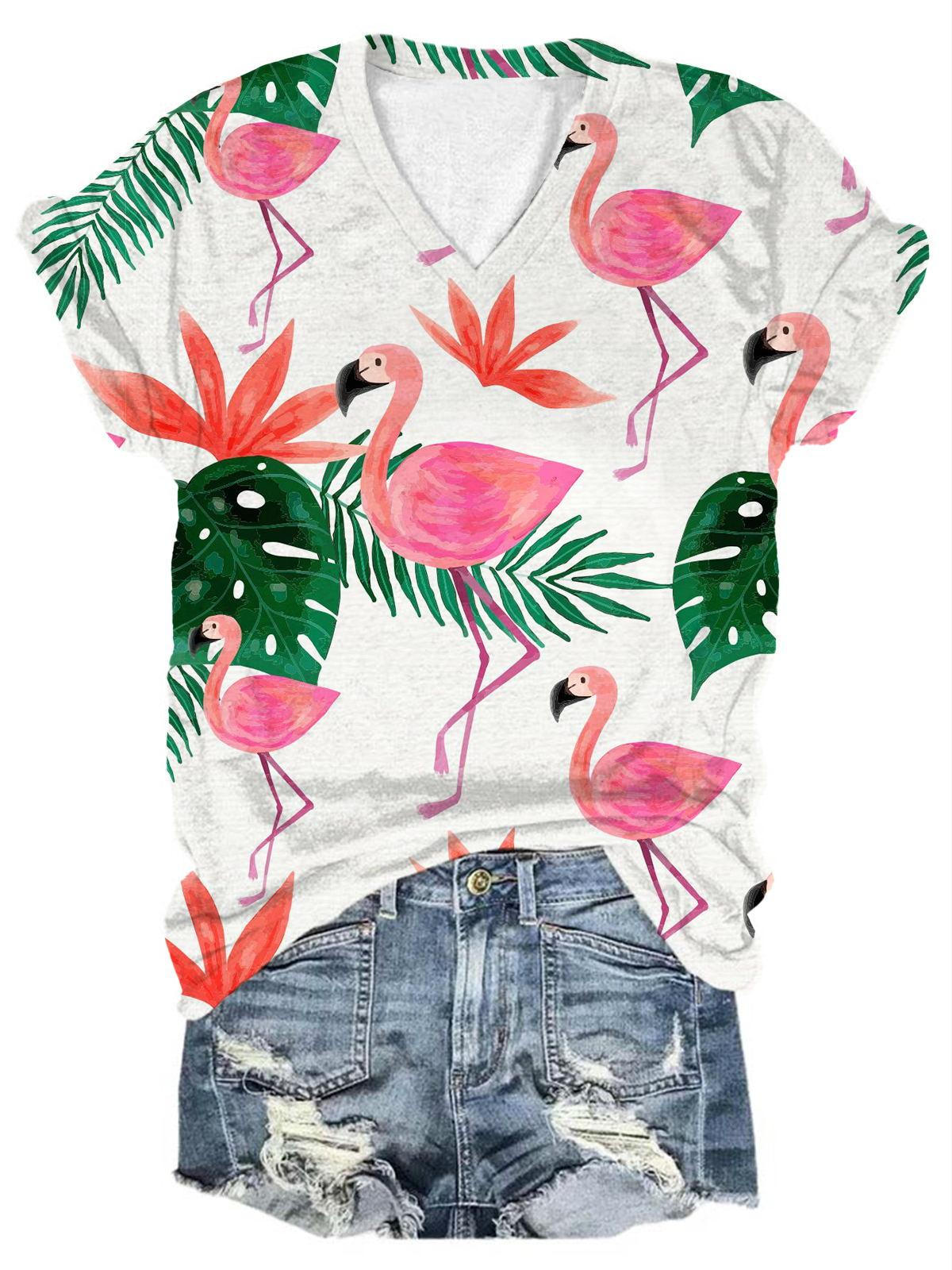 Flamingo Tropical Print V-Neck Tee
