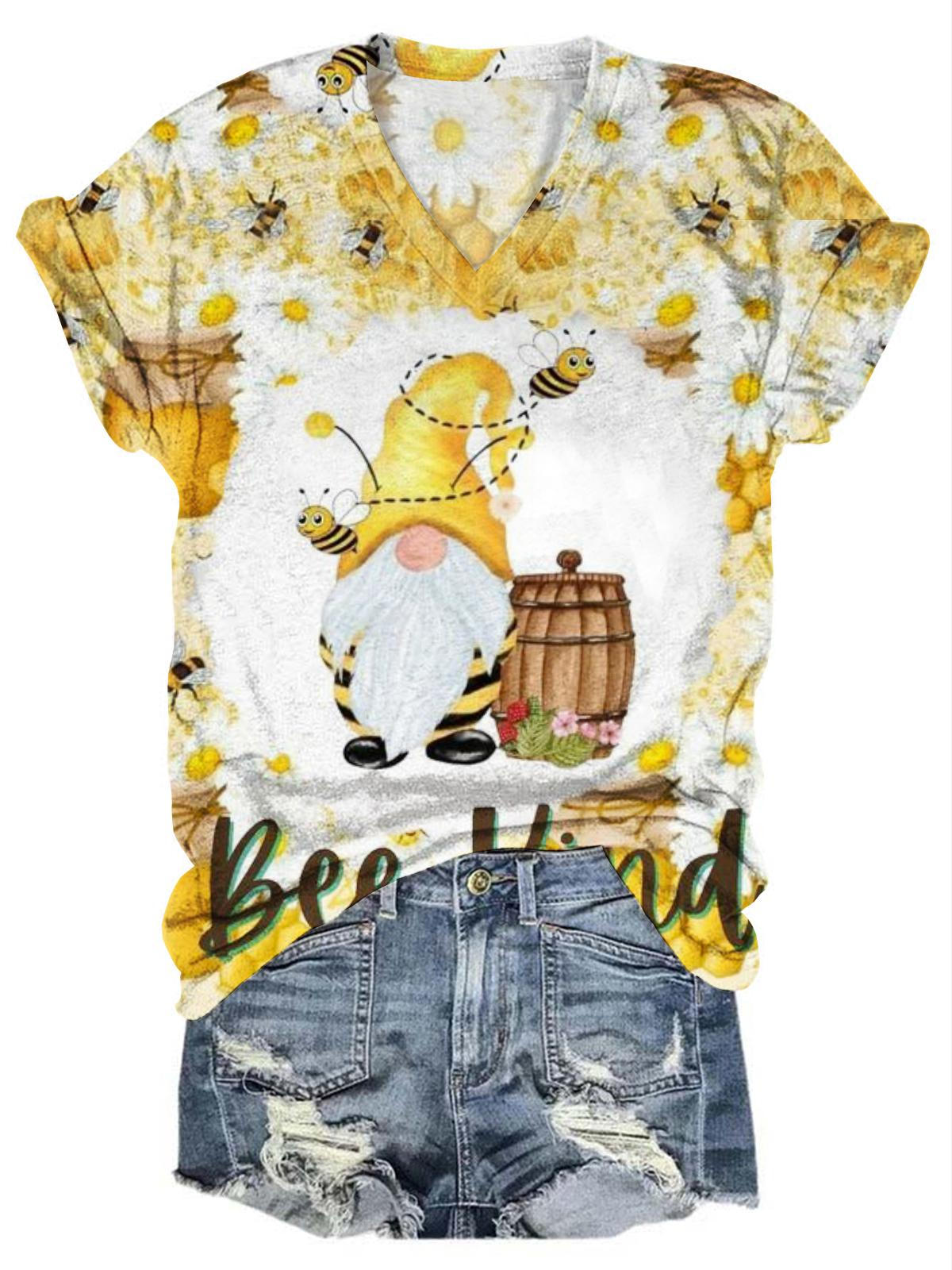 Gnome Bee Daisy Tie Dye V Neck T-Shirt