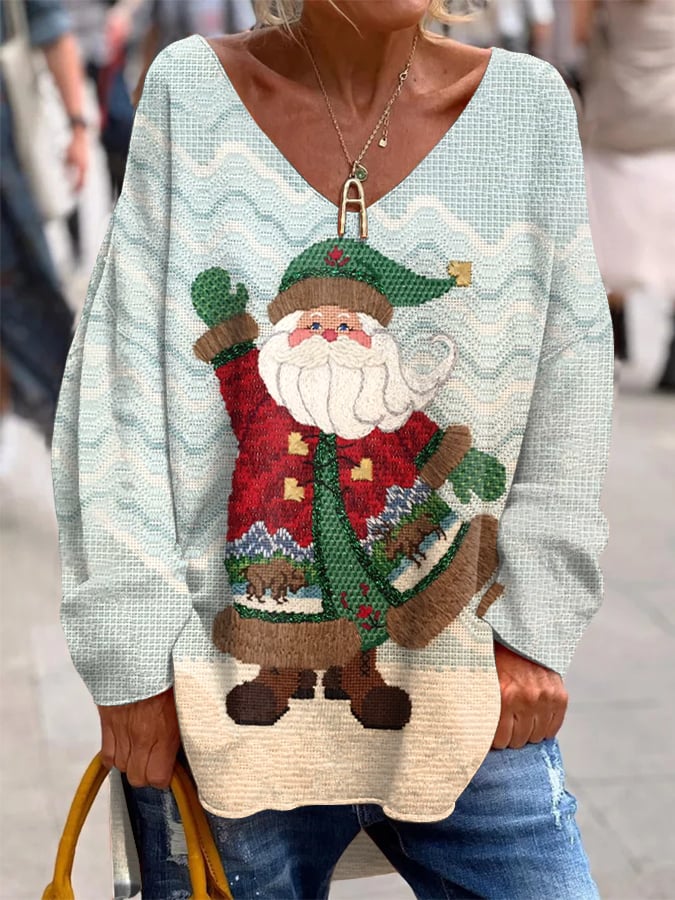 Women's Santa Print French Cashmere V-Neck Top