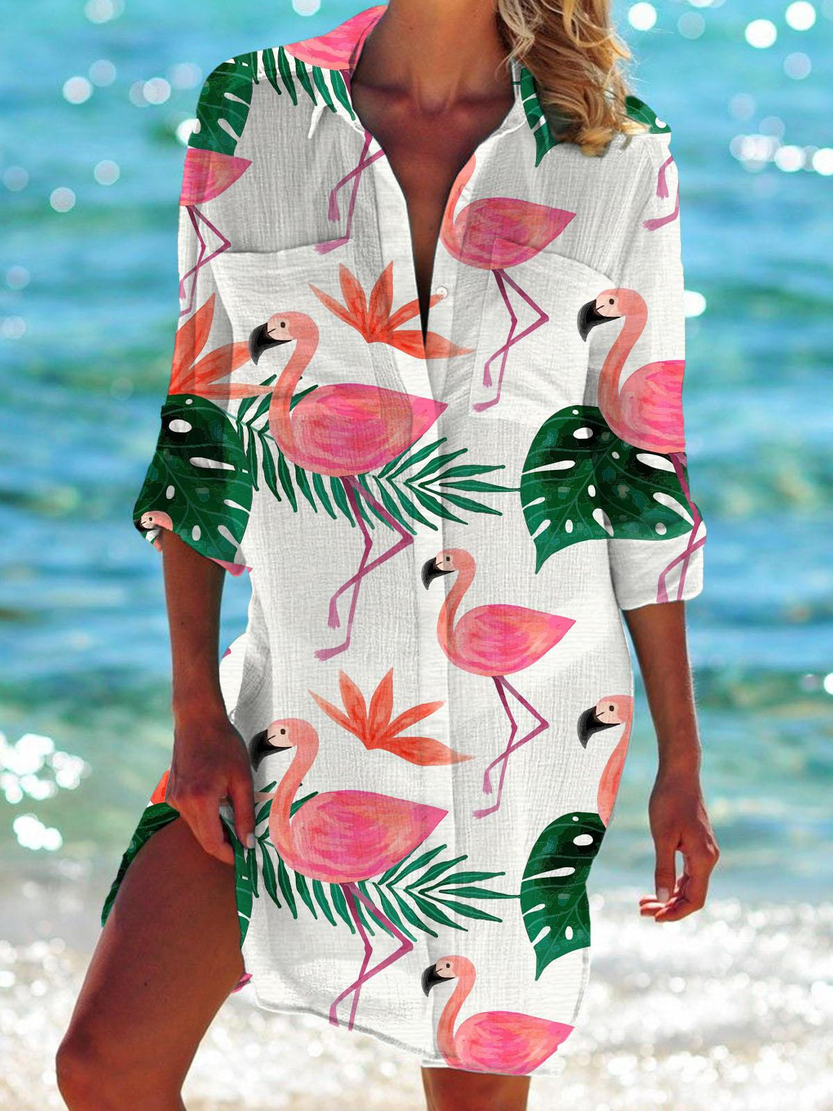Flamingo Summer Plants Print Beach Shirt Dress